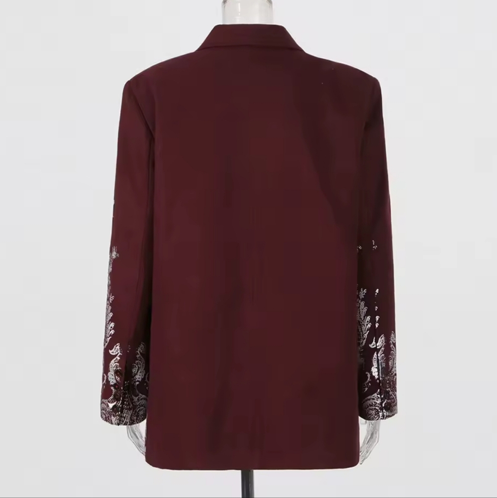 Burgundy Printing Blazers For Women Notched Collar Long Sleeve Patchwork Single - Picture 4 of 11